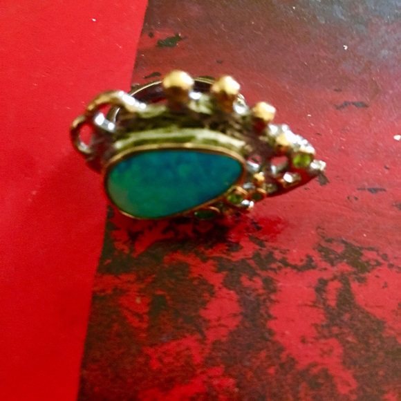 18k Blue ring with green stones - Picture 2 of 6